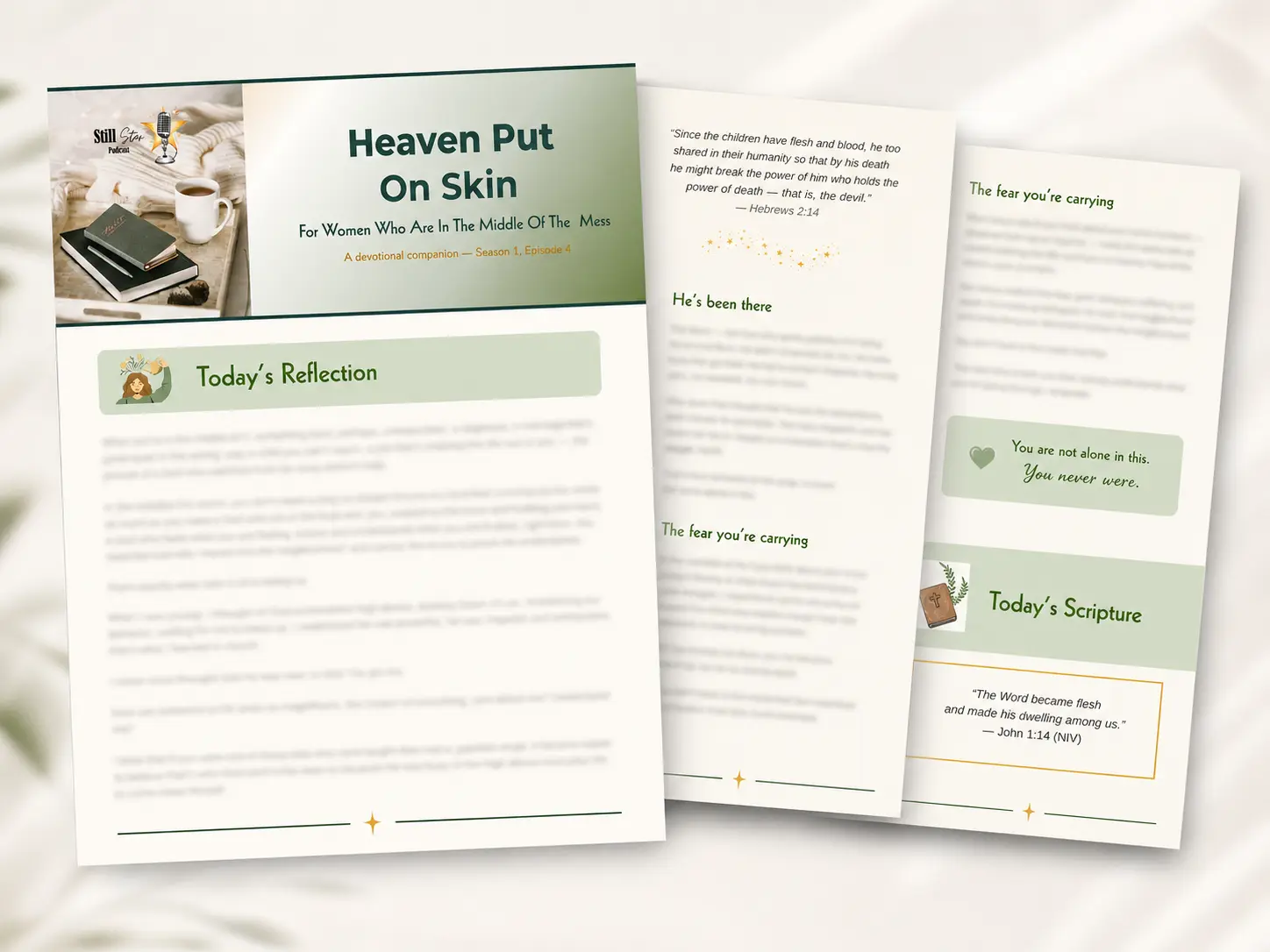 Mockup of Still Star Christian devotionals including 'Heaven Put On Skin' and 'The Fear You're Carrying' for women.